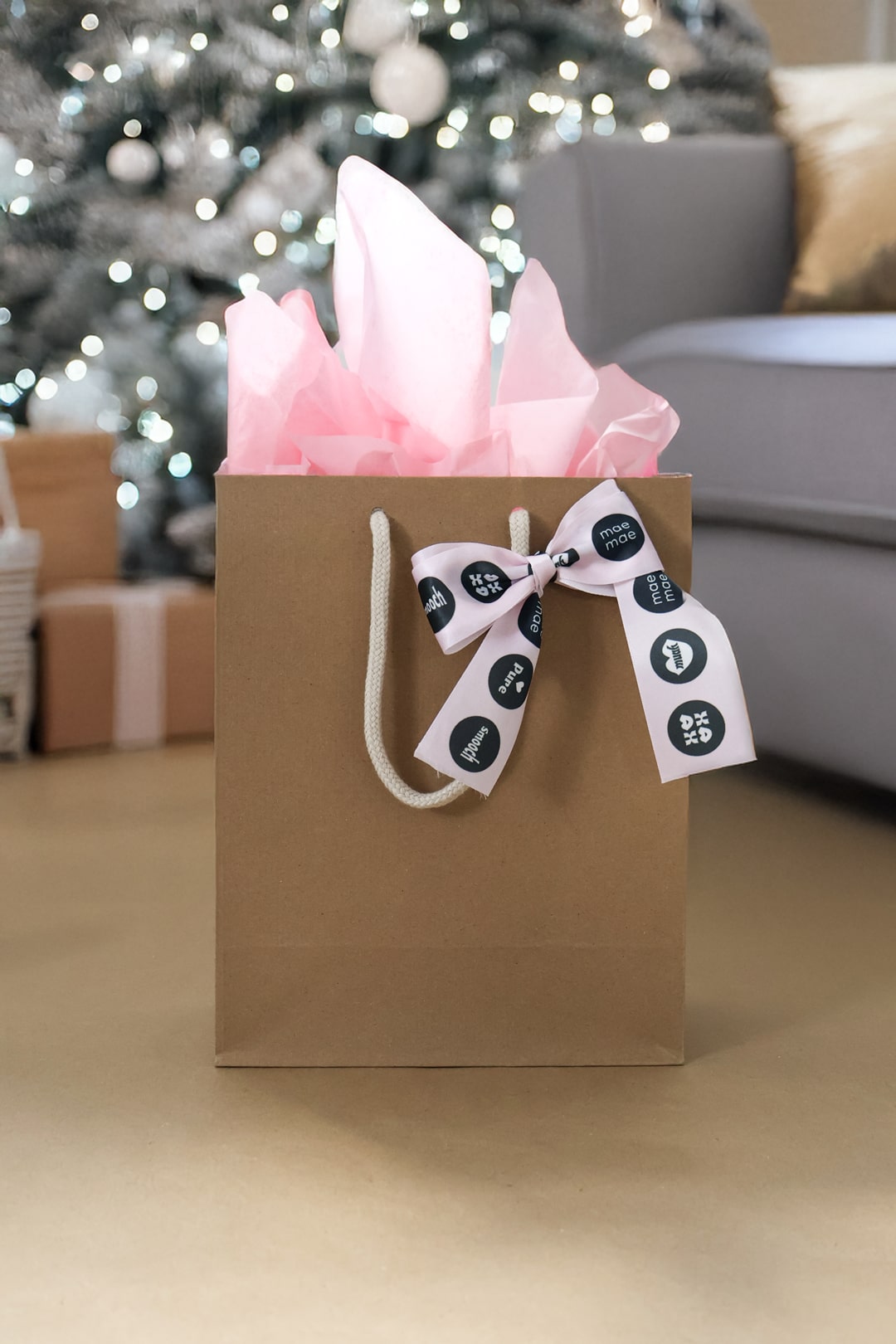 Gift Bag with Pink Tissue & Satin Ribbon